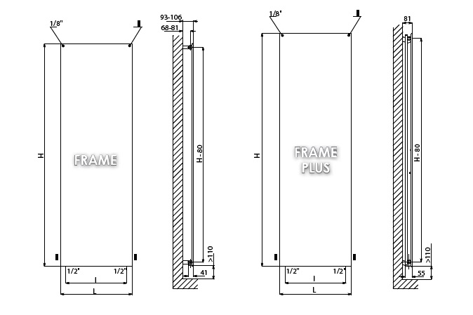 Dimensiones Radiador  de diseño Frame Neo Design de BAXI DESIGN