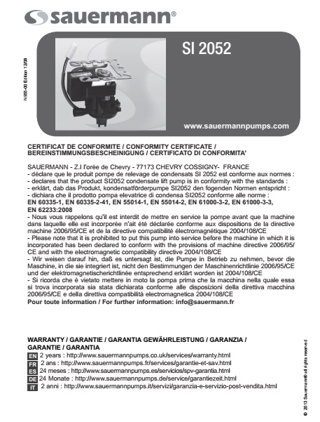 Bomba de condensados Sauermann SI 2052 - Manual
